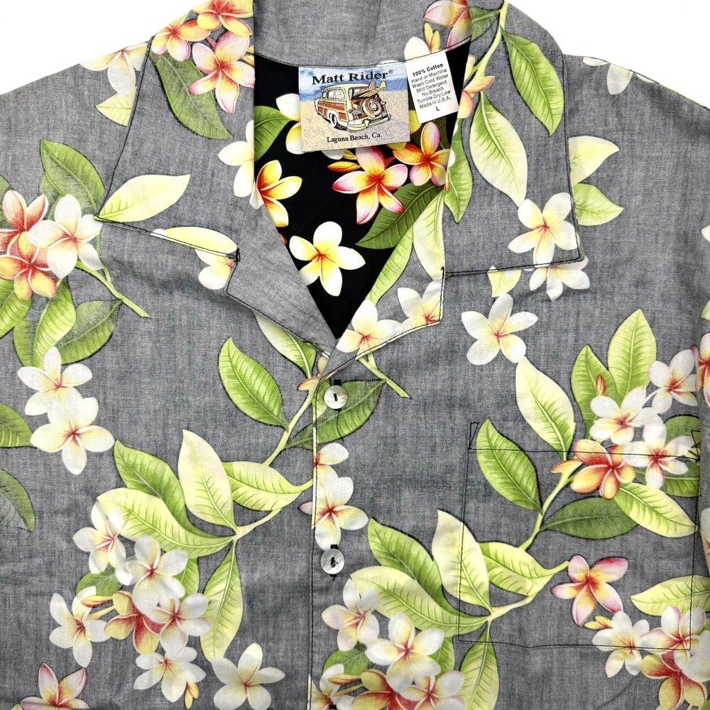Matt Rider Button Down Mens L Gray Floral Plumeria Short Sleeve Cotton USA Made